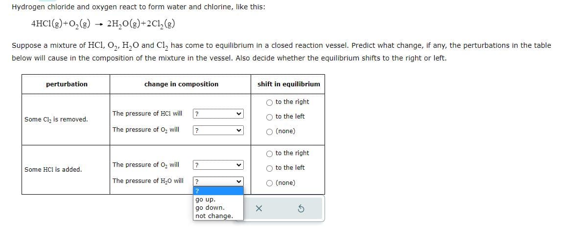 Hydrogen chloride and oxygen react to form water and chlorine, like this:
4HC1(g) + O₂(g) → 2H₂O(g) + 2Cl₂(g)
Suppose a mixture of HC1, O₂, H₂O and Cl₂ has come to equilibrium in a closed reaction vessel. Predict what change, if any, the perturbations in the table
below will cause in the composition of the mixture in the vessel. Also decide whether the equilibrium shifts to the right or left.
perturbation
Some Cl₂ is removed.
Some HCI is added.
change in composition
The pressure of HCI will
The pressure of O₂ will
The pressure of O₂ will
The pressure of H₂O will
?
?
?
?
?
go up.
go down.
not change.
v
shift in equilibrium
O to the right
to the left
X
O (none)
O to the right
O to the left
O (none)
5