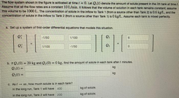 The flow system shown in the figure is activated at time t== 0. Let Q.(t) denote the amount of solute present in the i th tank at time f.
Assume that all the flow rates are a constant 1O L/min. It follows that the volume of solution in each tank remains constant; assume
this volume to be 1000 L. The concentration of solute in the inflow to Tank 1 (from a source other than Tank 2) is 0.6 kg/L, and the
concentration of solute in the Inflow to Tank 2 (from a source other than Tank 1) is 0 kg/L. Assume each tank is mixed perfectly.
a. Set up a system of first-order differential equations that models this situation.
-1/50
1/100
1/100
-1/50
b. If Q, (0) = 20 kg and Q2(0) = 0 kg, find the amount of solute in each tank after t minutes.
%3D
0,() =
kg
kg
Q2) =
C. As t+ oo, how much solute is in each tank?
kg of solute.
In the long run, Tank 1 will have 400
kg of solute.
In the long run, Tank 2 will have 200
