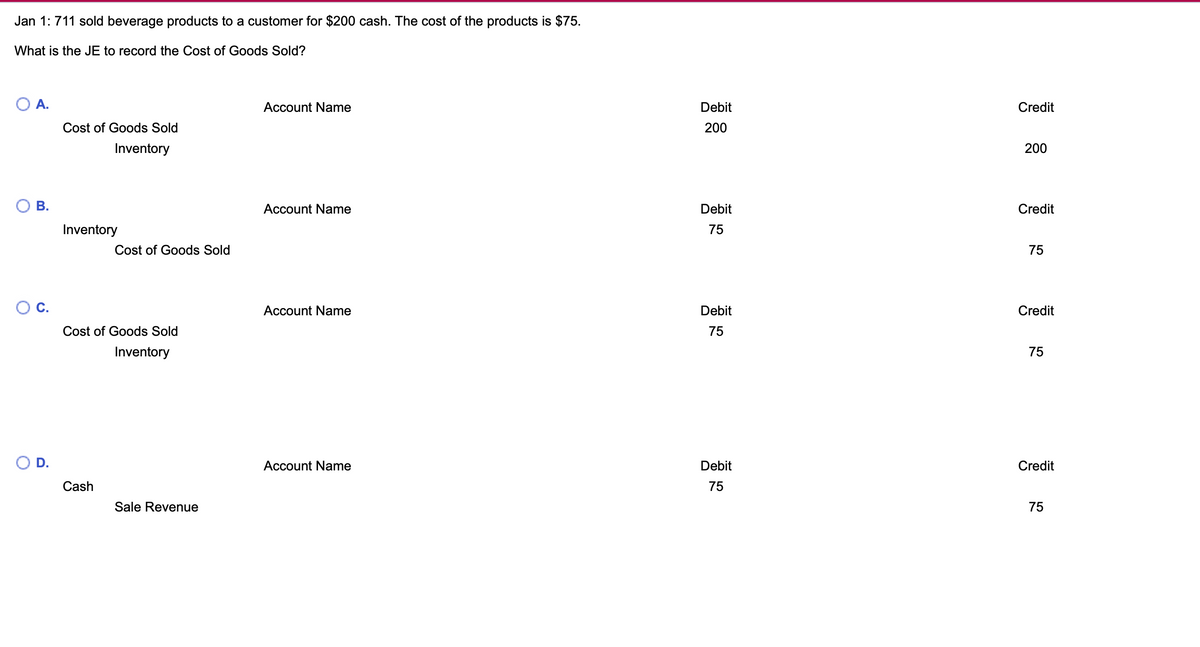 Jan 1: 711 sold beverage products to a customer for $200 cash. The cost of the products is $75.
What is the JE to record the Cost of Goods Sold?
○ A.
Account Name
Cost of Goods Sold
Inventory
B.
Inventory
D.
Cost of Goods Sold
Debit
Credit
200
200
Account Name
Debit
Credit
75
75
Account Name
Debit
Credit
Cost of Goods Sold
75
Inventory
75
Cash
Sale Revenue
Account Name
Debit
Credit
75
75