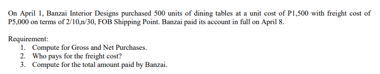 On April 1, Banzai Interior Designs purchased 500 units of dining tables at a unit cost of P1,500 with freight cost of
P5,000 on terms of 2/10,n/30, FOB Shipping Point. Banzai paid its account in full on April 8.
Requirement:
1. Compute for Gross and Net Purchases.
2. Who pays for the freight cost?
3. Compute for the total amount paid by Banzai.
