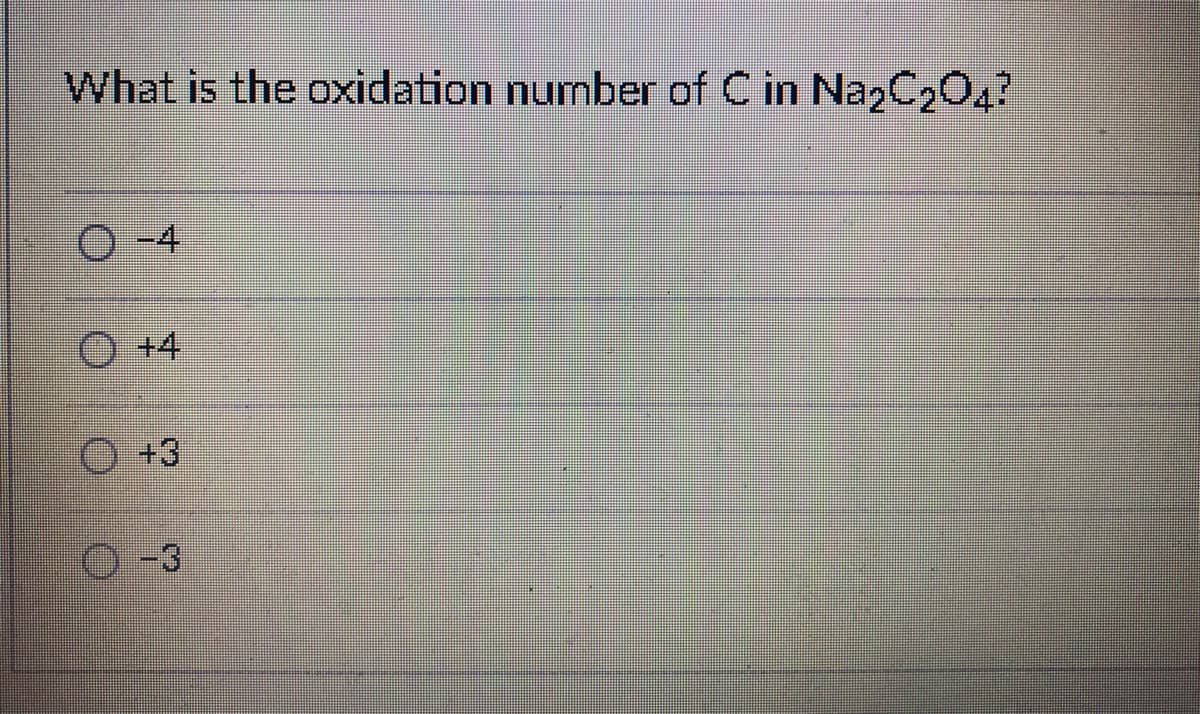 What is the oxidation number of C in NazC20,?
O-4
O +4
O+3
O-3
