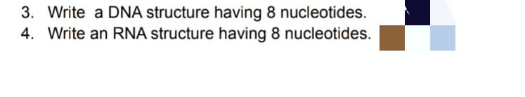 3. Write a DNA structure having 8 nucleotides.
4. Write an RNA structure having 8 nucleotides.
