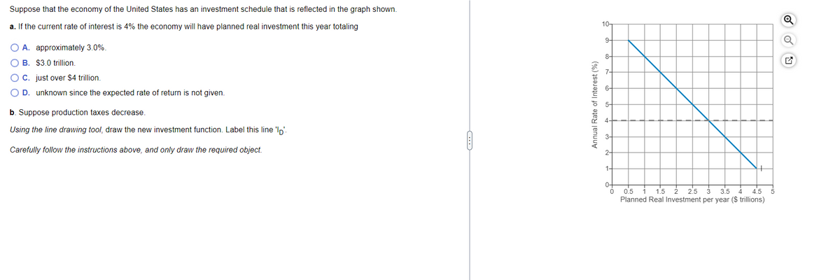 Suppose that the economy of the United States has an investment schedule that is reflected in the graph shown.
a. If the current rate of interest is 4% the economy will have planned real investment this year totaling
O A. approximately 3.0%.
OB. $3.0 trillion.
OC. just over $4 trillion.
D. unknown since the expected rate of return is not given.
b. Suppose production taxes decrease.
Using the line drawing tool, draw the new investment function. Label this line 'D'.
Carefully follow the instructions above, and only draw the required object.
-C
Annual Rate of Interest (%)
10-
9-
8-
7-
5-
4-
2-
1-
0-
0
0.5 1 1.5 2 2.5 3 3.5 4 4.5 5
Planned Real Investment per year ($ trillions)