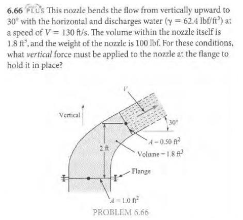 6.66 PLUS This nozzle bends the flow from vertically upward to
30° with the horizontal and discharges water (y = 62.4 lbf/ft³) at
a speed of V = 130 ft/s. The volume within the nozzle itself is
1.8 ft³, and the weight of the nozzle is 100 lbf. For these conditions,
what vertical force must be applied to the nozzle at the flange to
hold it in place?
Vertical
2 A
30°
A-0.50 A2
Volume-1.83
Flange
A-1.0 n²
PROBLEM 6.66