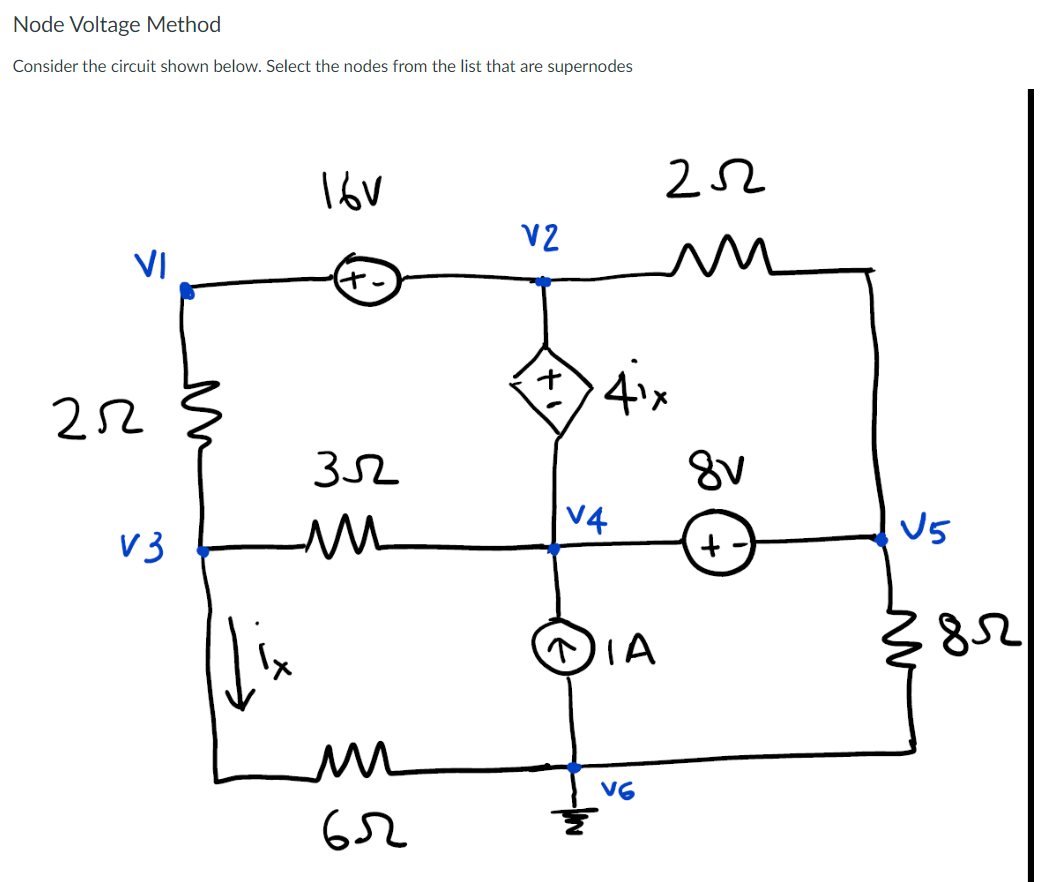 Node Voltage Method
Consider the circuit shown below. Select the nodes from the list that are supernodes
VI
2.22
V3
16V
352
M
m
652
V2
4ix
v4
252
↑IA
8V
+-
V5
282