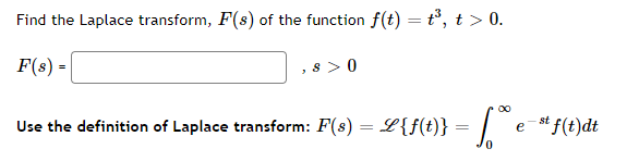 Find the Laplace transform, F(s) of the function f(t) = t°, t > 0.
F(s) =
,8 > 0
00
Use the definition of Laplace transform: F(s) = L{f(t)} = | e-t f(t)dt
