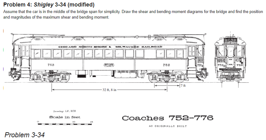 Problem 4: Shigley 3-34 (modified)
Assume that the car is in the middle of the bridge span for simplicity. Draw the shear and bending moment diagrams for the bridge and find the position
and magnitudes of the maximum shear and bending moment.
Problem 3-34
752
k
CHICAGO NORTH SHORE &
Drawing LF. RGB
Scale in feet
10
(1)
t
MILWAUKEE BailROAD
32 ft, 8 in
732
ft
Coaches 752-776
AS ORIGINALLY BUILT