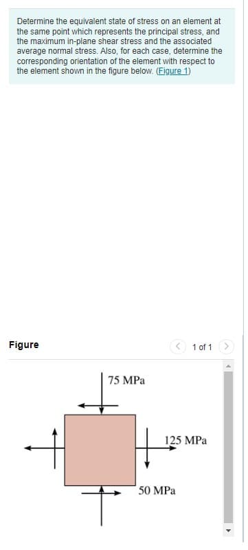 Determine the equivalent state of stress on an element at
the same point which represents the principal stress, and
the maximum in-plane shear stress and the associated
average normal stress. Also, for each case, determine the
corresponding orientation of the element with respect to
the element shown in the figure below. (Figure 1)
Figure
< 1 of 1
75 MPa
125 MPa
50 MPa
