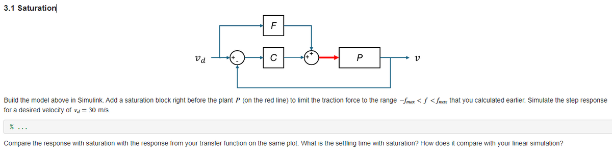 3.1 Saturation
Va
% ...
F
P
v
Build the model above in Simulink. Add a saturation block right before the plant P (on the red line) to limit the traction force to the range -fmax <ƒ <fmax that you calculated earlier. Simulate the step response
for a desired velocity of va = 30 m/s.
Compare the response with saturation with the response from your transfer function on the same plot. What is the settling time with saturation? How does it compare with your linear simulation?