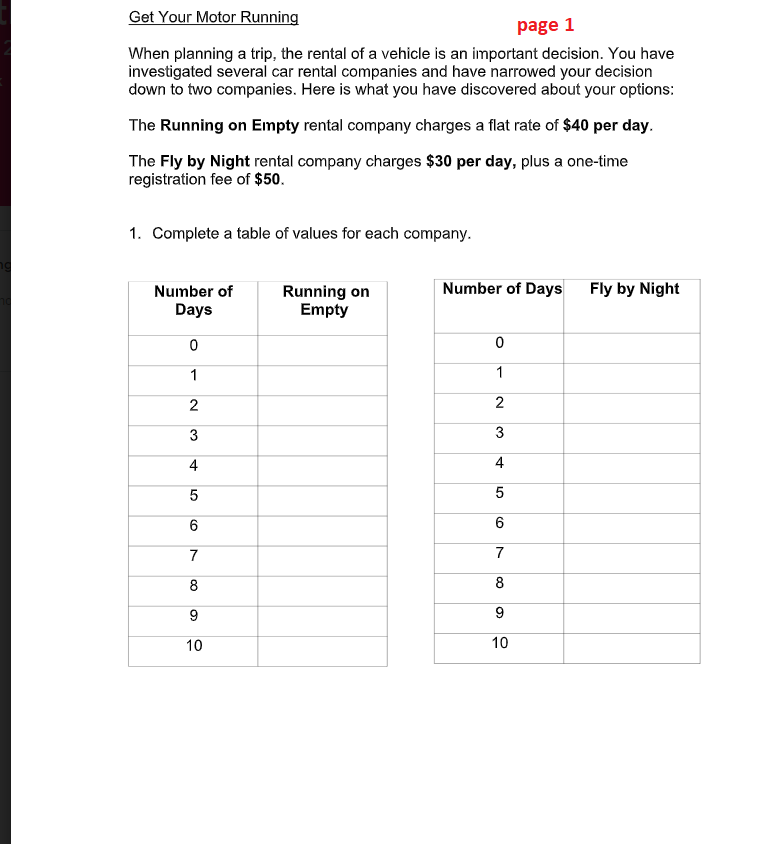 Get Your Motor Running
page 1
When planning a trip, the rental of a vehicle is an important decision. You have
investigated several car rental companies and have narrowed your decision
down to two companies. Here is what you have discovered about your options:
The Running on Empty rental company charges a flat rate of $40 per day.
The Fly by Night rental company charges $30 per day, plus a one-time
registration fee of $50.
1. Complete a table of values for each company.
Number of
Number of Days Fly by Night
Running on
Empty
Days
1
2
3
3
4
4
6.
7
7
8
8
10
10
