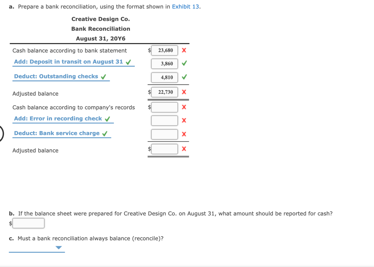 a. Prepare a bank reconciliation, using the format shown in Exhibit 13.
Creative Design Co.
Bank Reconciliation
August 31, 20Y6
Cash balance according to bank statement
2$
23,680
Add: Deposit in transit on August 31 v
3,860
Deduct: Outstanding checks v
4,810
Adjusted balance
22,730
X
Cash balance according to company's records
Add: Error in recording check v
Deduct: Bank service charge v
X
Adjusted balance
$4
b. If the balance sheet were prepared for Creative Design Co. on August 31, what amount should be reported for cash?
$
c. Must a bank reconciliation always balance (reconcile)?
