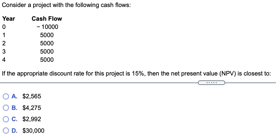 Consider a project with the following cash flows:
Year
Cash Flow
- 10000
1
5000
5000
3
5000
4
5000
If the appropriate discount rate for this project is 15%, then the net present value (NPV) is closest to:
O A. $2,565
O B. $4,275
O C. $2,992
O D. $30,000
