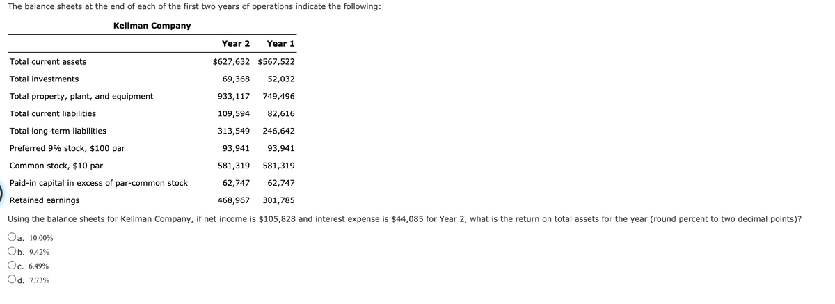 The balance sheets at the end of each of the first two years of operations indicate the following:
Kellman Company
Year 2
Year 1
Total current assets
$627,632 $567,522
Total investments
69,368
52,032
Total property, plant, and equipment
933,117
749,496
Total current liabilities
109,594
82,616
Total long-term liabilities
313,549
246,642
Preferred 9% stock, $100 par
93,941
93,941
Common stock, $10 par
581,319
581,319
Paid-in capital in excess of par-common stock
62,747
62,747
Retained earnings
468,967
301,785
Using the balance sheets for Kellman Company, if net income is $105,828 and interest expense is $44,085 for Year 2, what is the return on total assets for the year (round percent to two decimal points)?
Oa. 10.00%
Оb. 9.42%
Oc. 6.49%
Od. 7.73%
