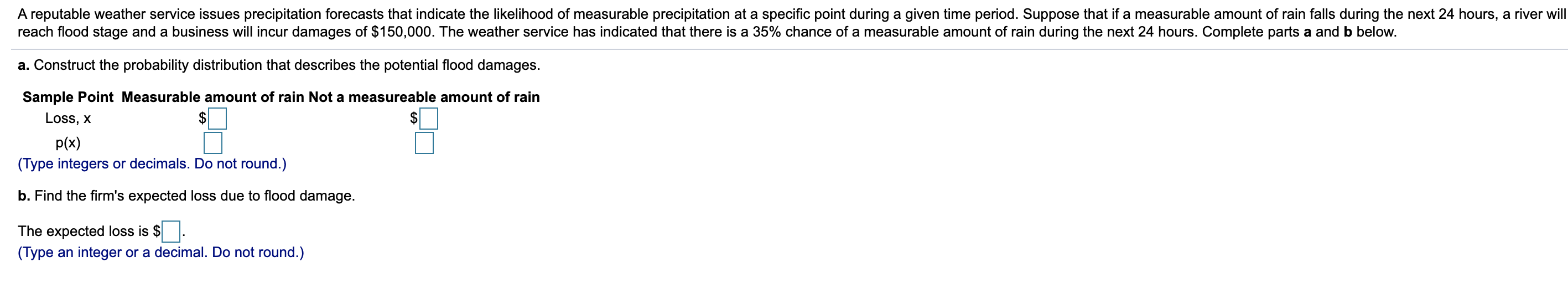 A reputable weather service issues precipitation forecasts that indicate the likelihood of measurable precipitation at a specific point during a given time period. Suppose that if a measurable amount of rain falls during the next 24 hours, a river will
reach flood stage and a business will incur damages of $150,000. The weather service has indicated that there is a 35% chance of a measurable amount of rain during the next 24 hours. Complete parts a and b below.
a. Construct the probability distribution that describes the potential flood damages.
Sample Point Measurable amount of rain Not a measureable amount of rain
Loss, x
$
p(x)
(Type integers or decimals. Do not round.)
b. Find the firm's expected loss due to flood damage.
The expected loss is $.
(Type an integer or a decimal. Do not round.)
