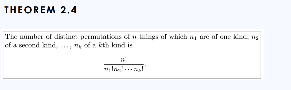 THEOREM 2.4
The number of distinct permutations of n things of which n1 are of one kind, n2
of a second kind,
nk of a kth kind is
...
n!
n1!n2! ... nk!"
