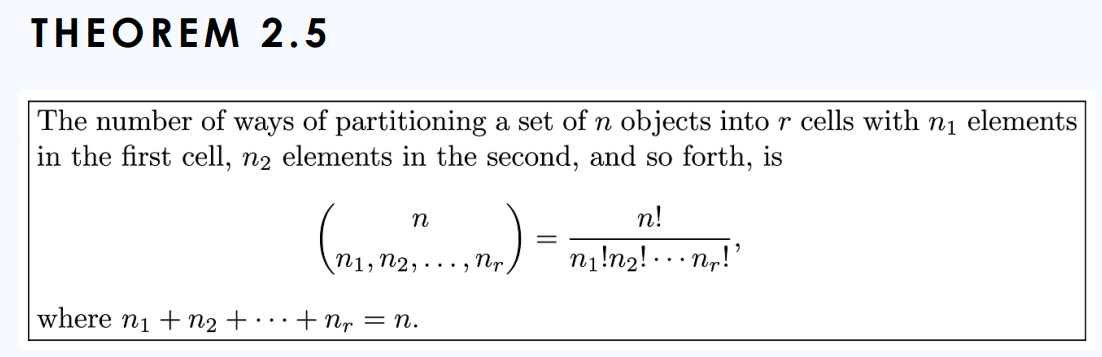 THEOREM 2.5
The number of ways of partitioning a set of n objects into r cells with n1 elements
in the first cell, n2 elements in the second, and so forth, is
n!
n1, n2,· ·•,
n1!n2! -.. n„!
where nj + n2 + :….
+ nr = n.
