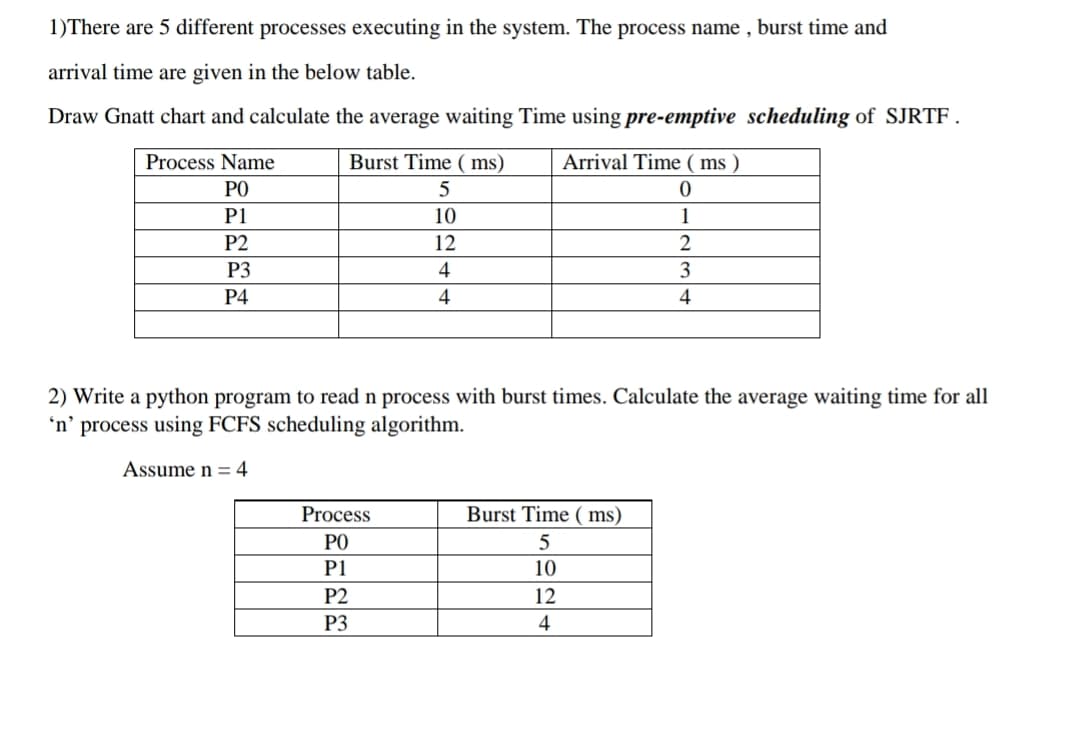 1)There are 5 different processes executing in the system. The process name , burst time and
arrival time are given in the below table.
Draw Gnatt chart and calculate the average waiting Time using pre-emptive scheduling of SJRTF .
Process Name
Burst Time ( ms)
Arrival Time ( ms )
PO
P1
10
1
P2
12
P3
4
Р4
4
4
2) Write a python program to read n process with burst times. Calculate the average waiting time for all
'n'
process using FCFS scheduling algorithm.
Assume n = 4
Process
Burst Time ( ms)
РО
P1
10
P2
12
P3
4
