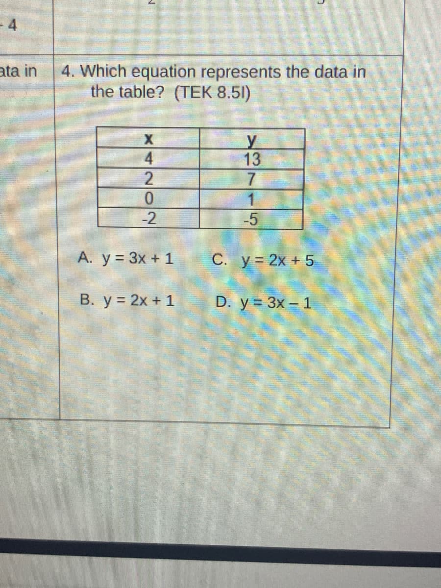 -4
ata in
4. Which equation represents the data in
the table? (TEK 8.51)
y
13
7
4
2
-2
-5
A. y = 3x + 1
C. y 2x + 5
B. y = 2x + 1
D. y = 3x - 1
