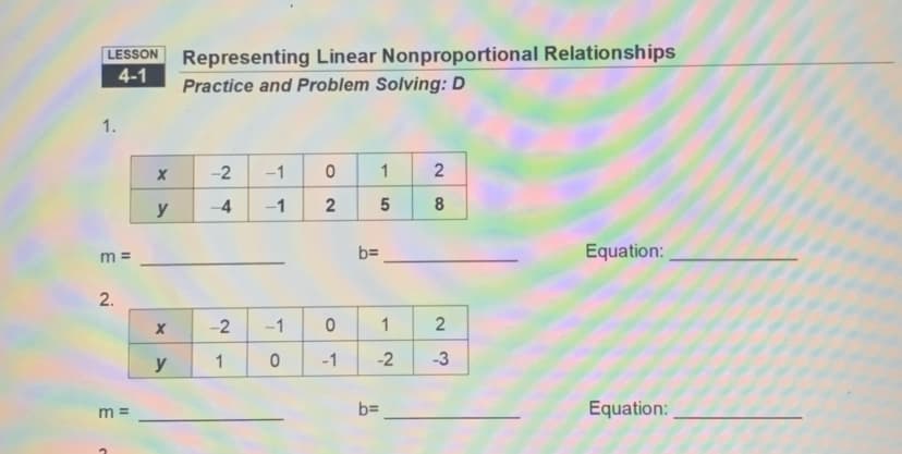 LESSON Representing Linear Nonproportional Relationships
4-1
Practice and Problem Solving: D
1.
-2
-1
1
y
-4
-1
8
b=
Equation:
m =
-2
-1
y
1
-1
-2
-3
m =
b=
Equation:
2.
2.
2.
