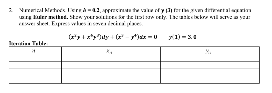 2. Numerical Methods. Using h = 0.2, approximate the value of y (3) for the given differential equation
using Euler method. Show your solutions for the first row only. The tables below will serve as your
answer sheet. Express values in seven decimal places.
(x²y + x¹y³)dy + (x³ - y¹) dx = 0
Iteration Table:
n
Xn
y(1) = 3.0
Yn