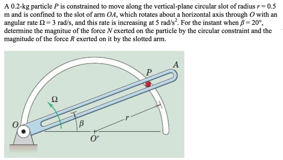 0.5
A 0.2-kg particle P is constrained to move along the vertical-plane circular slot of radius r =
m and is confined to the slot of arm OA, which rotates about a horizontal axis through O with an
angular rate N = 3 rad/s, and this rate is increasing at 5 rad/s². For the instant when ß = 20°,
determine the magnitue of the force N exerted on the particle by the circular constraint and the
magnitude of the force R exerted on it by the slotted arm.
22
B
O'
P
A