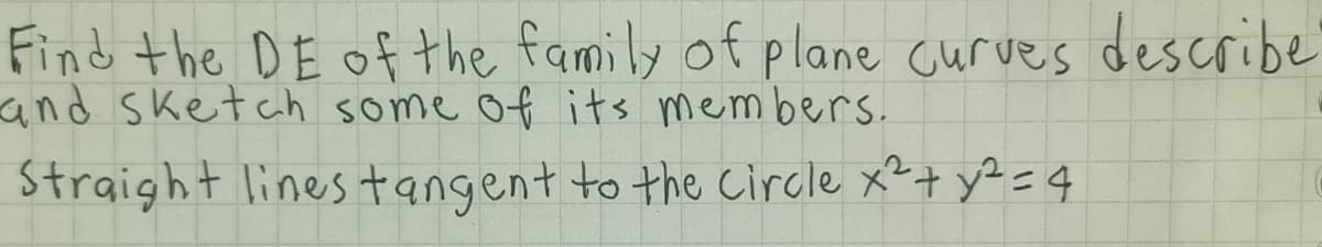 Find the DE of the family of plane curves describe
and sketch some of its members.
Straight lines tangent to the circle x²+ y? =4
