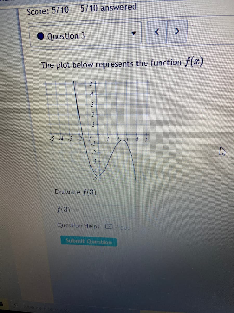 Score: 5/10
5/10 answered
Question 3
The plot below represents the function f(x)
5-
4
-5 -4 -3
4.
-2
-3
Evaluate f(3)
f(3)
Question Help:
DViceo
Submit Question
2Type here to seaid
公
