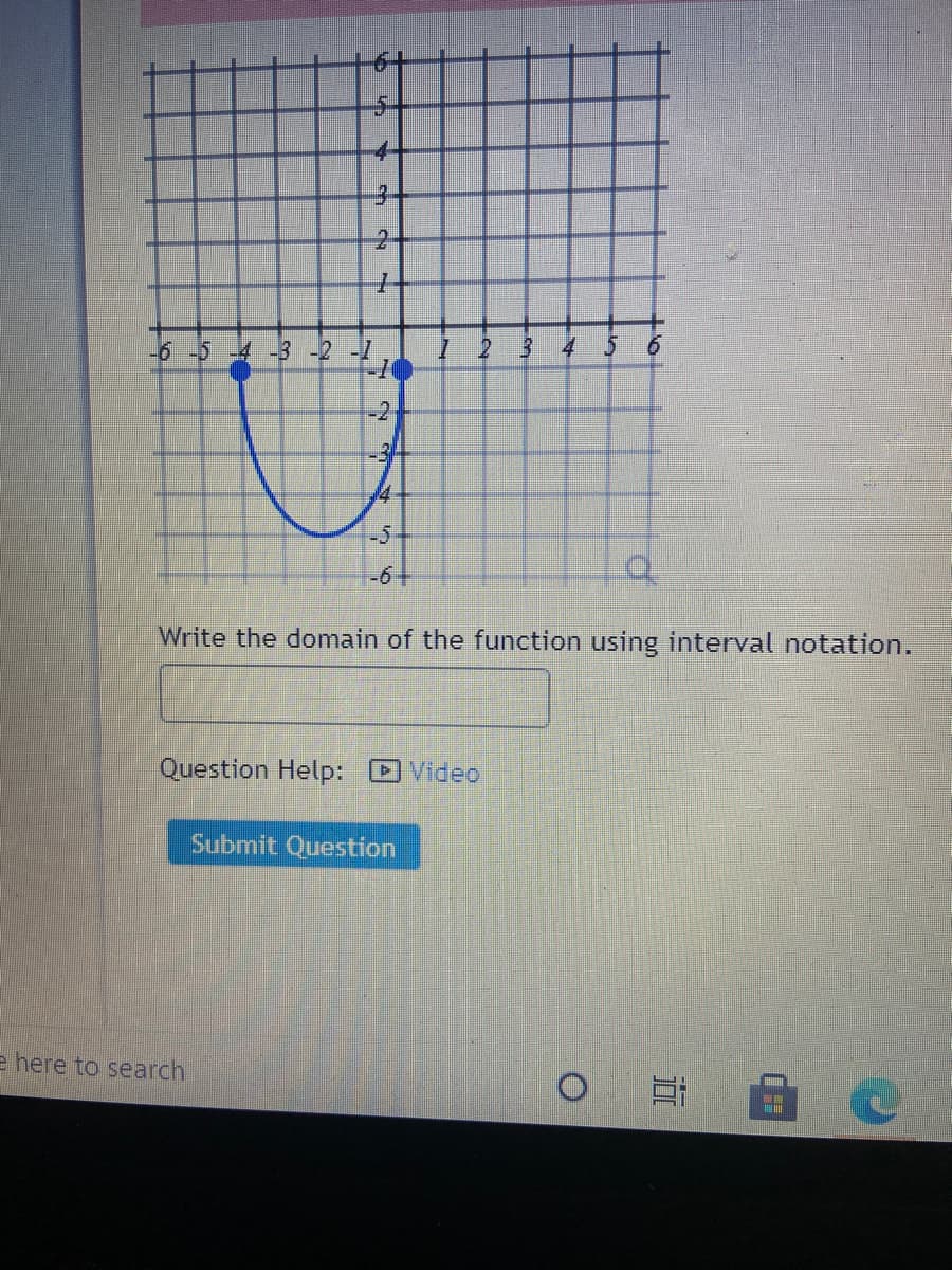 5-
-4-
3-
士
-6 -5 4 -3 -2 -7
1 2
4
6.
-2,
-5
-6+
Write the domain of the function using interval notation.
Question Help: Video
Submit Question
e here to search
