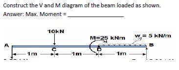 Construct the V and M diagram of the beam loaded as shown.
Answer: Max. Moment =
10KN
M=25 kNm
w= 5 KN/m
A
B
-1m
-1m
1m
