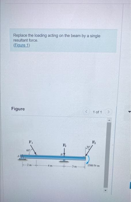 Replace the loading acting on the beam by a single
resultant force.
(Figure 1)
Figure
F₁
F₂
BY
1 of 1
1500 N-m