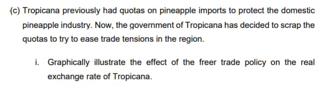 (c) Tropicana previously had quotas on pineapple imports to protect the domestic
pineapple industry. Now, the government of Tropicana has decided to scrap the
quotas to try to ease trade tensions in the region.
i. Graphically illustrate the effect of the freer trade policy on the real
exchange rate of Tropicana.