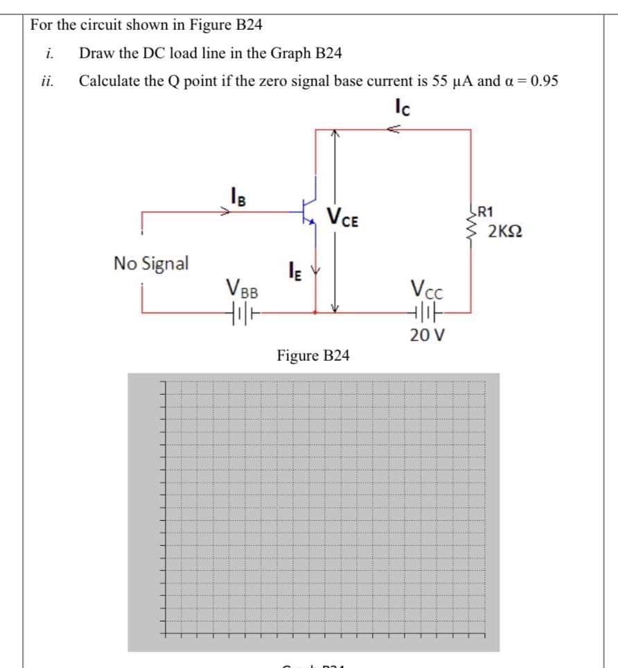 For the circuit shown in Figure B24
i.
Draw the DC load line in the Graph B24
ii.
Calculate the Q point if the zero signal base current is 55 µA and a = 0.95
Ic
VCE
R1
2ΚΩ
No Signal
Vcc
20 V
Figure B24
