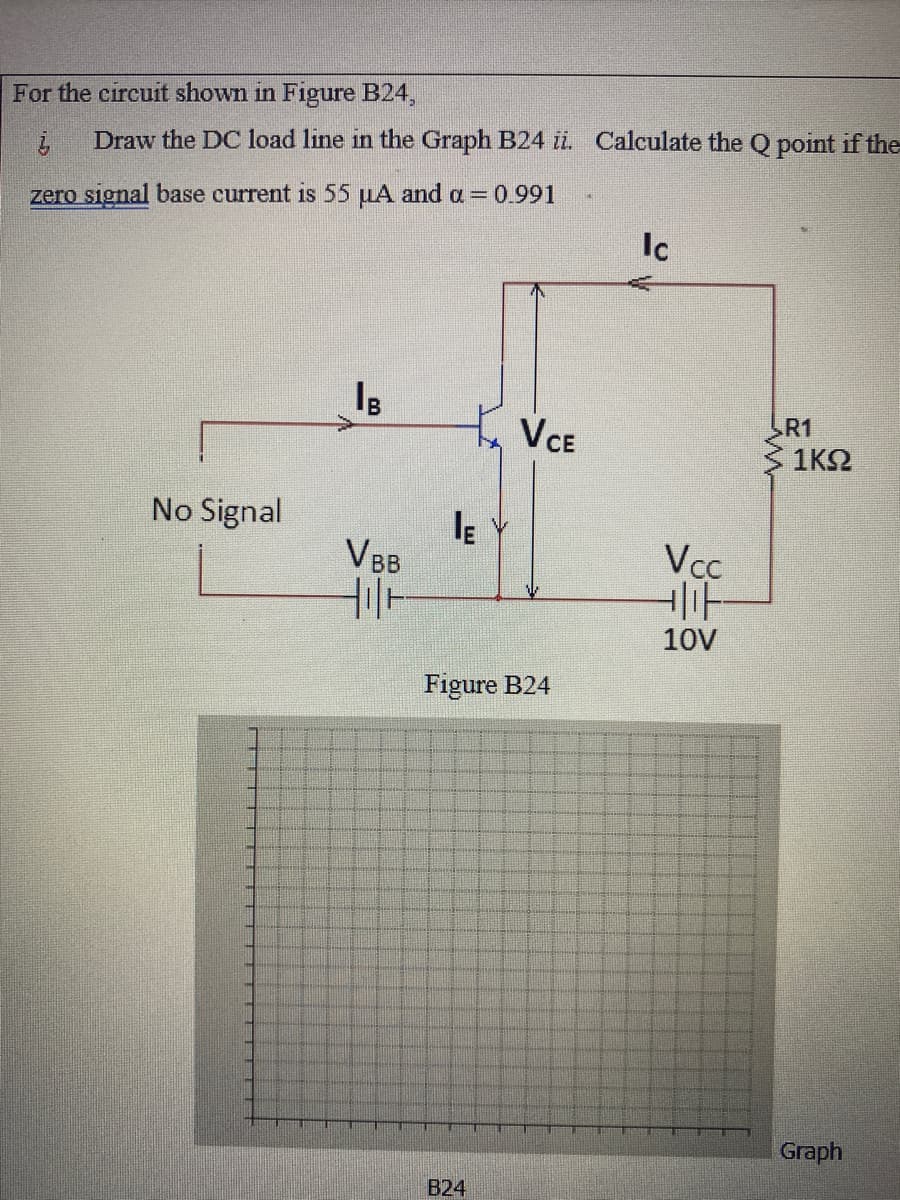 For the circuit shown in Figure B24,
Draw the DC load line in the Graph B24 i. Calculate the Q point if the
zero signal base current is 55 µA and a = 0.991
Ic
VCE
R1
1K2
No Signal
VBB
Vcc
10V
Figure B24
Graph
B24
3E
