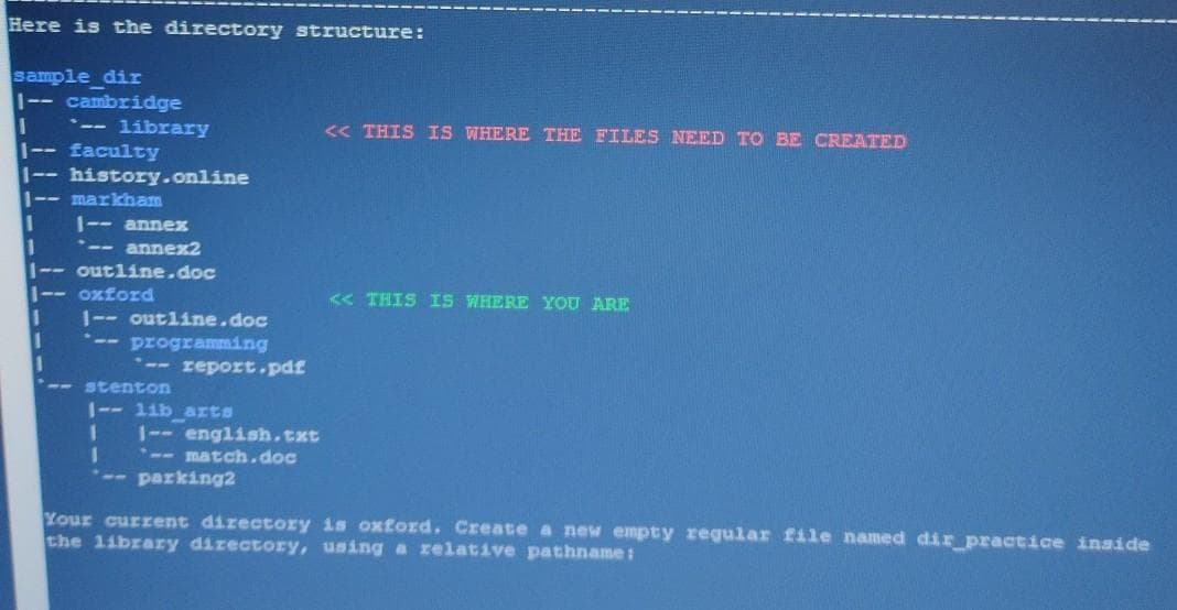 Here is the directory structure:
sample dir
|-- cambridge
*-- library
-- faculty
<< THIS IS WHERE THE FILES NEED TO BE CREATED
--history.online
-- markham
1-- annex
-- annex2
-- outline.doc
-- oxford
<< THIS IS WHERE YOU ARE
1--outline.doc
-- programming
*-- report.pdf
-- stenton
1-- lib_arts
1-- english.txt
*-- match.doc
-- parking2
Your current directory is oxford. Create a new empty regular file named dir practice inside
the 1ibrary directory, using a zelative pathname:
