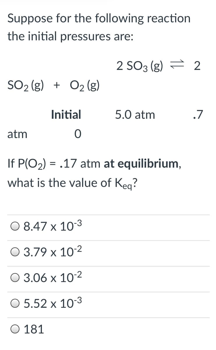 Suppose for the following reaction
the initial pressures are:
2 SO3 (g) = 2
SO2 (g) + O2 (g)
Initial
5.0 atm
.7
atm
If P(O2) = .17 atm at equilibrium,
what is the value of Keg?
O 8.47 x 103
О 3.79 х 10°2
O 3.06 x 10-2
O 5.52 x 103
O 181
