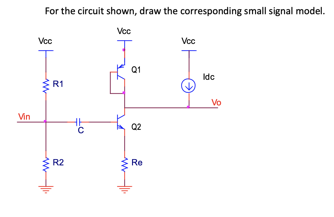 ### Transcription for Educational Website

---

**Title: Drawing the Small Signal Model for a Given Circuit**

**Introduction:**

In this tutorial, we will delve into the process of drawing the small signal model for the given circuit. This is a crucial step in analyzing and understanding the behavior of electronic circuits, especially in signal processing applications.

**Circuit Analysis:**

Let’s consider the circuit shown below where our primary goal is to draw the corresponding small signal model.

**[Image of Circuit Provided]**

**Components & Connections:**

The circuit comprises the following components:

1. **Resistors:**
   - **R1:** Connected between the supply voltage \( V_{cc} \) and the input point.
   - **R2:** Connected between the input point and the ground.
   - **Re:** Connected between the emitter of transistor Q2 and the ground.
   
2. **Capacitor:**
   - **C:** Connected between the input node (where \( V_{in} \) is applied) and the base of transistor Q2.
   
3. **Transistors (BJTs):**
   - **Q1:** NPN transistor with its collector connected to \( V_{cc} \) and its emitter connected to the collector of Q2.
   - **Q2:** NPN transistor with its emitter connected to the ground through resistor Re and its collector connected to the emitter of Q1.
   
4. **Current Source:**
   - **I_{dc}:** Connected between \( V_{cc} \) and the output node \( V_o \).

**Explanation of Connections:**

- The input signal \( V_{in} \) is applied at the common node of R1 and R2.
- The coupling capacitor C ensures that only the AC component of the input signal is passed to the base of Q2.
- The voltage supply \( V_{cc} \) is connected to the collectors of both transistors via the respective nodes.

**Objective:**

The task is to draw the small signal model corresponding to this setup.

**Small Signal Model Construction:**

To construct the small signal model, follow these general steps:

1. **Identify the AC equivalent circuit elements.**
   - Replace each transistor with its small signal equivalent (typically involving \( r_{\pi} \), \( g_m \), and \( r_o \))
   - Replace capacitors with short circuits (assuming high-frequency response).
   - Replace DC voltage sources with