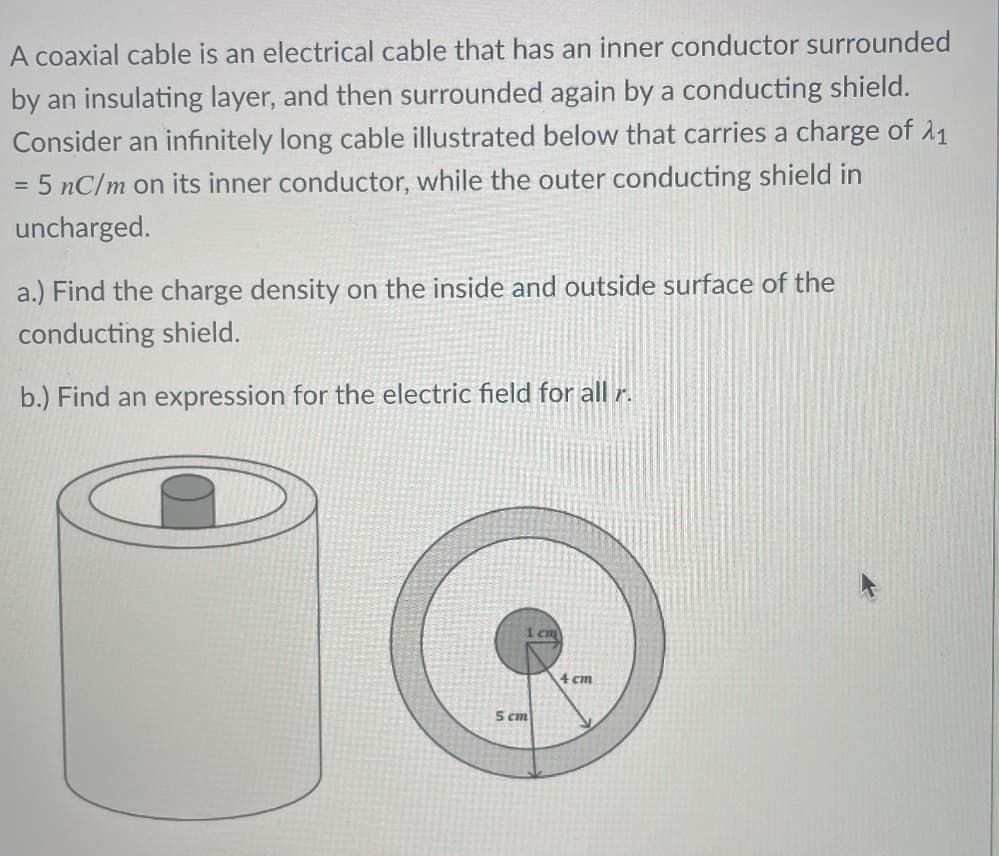 A coaxial cable is an electrical cable that has an inner conductor surrounded
by an insulating layer, and then surrounded again by a conducting shield.
Consider an infinitely long cable illustrated below that carries a charge of ₁
= 5 nC/m on its inner conductor, while the outer conducting shield in
uncharged.
a.) Find the charge density on the inside and outside surface of the
conducting shield.
b.) Find an expression for the electric field for all r.
1 cm
5 cm
4 cm