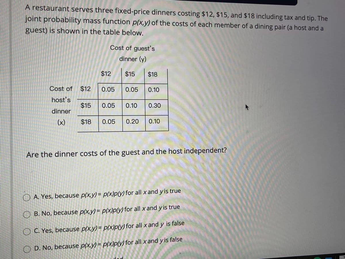 A restaurant serves three fixed-price dinners costing $12, $15, and $18 including tax and tip. The
joint probability mass function p(x,y) of the costs of each member of a dining pair (a host and a
guest) is shown in the table below.
Cost of guest's
dinner (y)
$12
$15
$18
Cost of
$12
0.05
0.05
0.10
host's
$15
0.05
0.10
0.30
dinner
(x)
$18
0.05
0.20
0.10
Are the dinner costs of the guest and the host independent?
O A. Yes, because p(x,y) = p(x)p(y) for all x and y is true
O B. No, because p(x,y)= p(X)p(y) for all x and y is true
O C. Yes, because p(x,y) = p(x)p(y) for all x and y is false
O D. No, because p(x,y)= p(x)p(y) for all x and y is false
