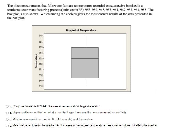 The nine measurements that follow are furnace temperatures recorded on successive batches in a
semiconductor manufacturing process (units are in °F): 953, 950, 948, 955, 951, 949, 957, 954, 955. The
box plot is also shown. Which among the choices gives the most correct results of the data presented in
the box plot?
Boxplot of Temperature
957
956
955
954
953
952
951
950
949
948
O a. Computed mean is 952.44. The measurements show large dispersion.
O b. Upper and lower outlier bounderies are the largest and smallest measurement respectively
O. Most measurements are within Q1 (1st quartile) and the median
Od. Mean value is close to the median. An increase in the largest temperature measurement does not affect the median
Temperature
