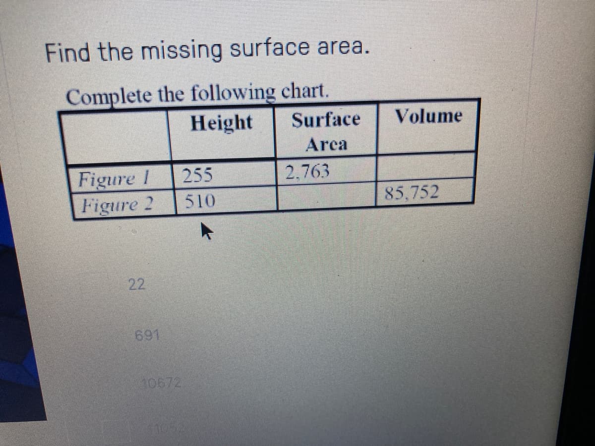 Find the missing surface area.
Complete the following chart.
Height
Surface
Volume
Arca
255
2,763
Figure 1
Figure 2
510
85,752
22
691
J0672
