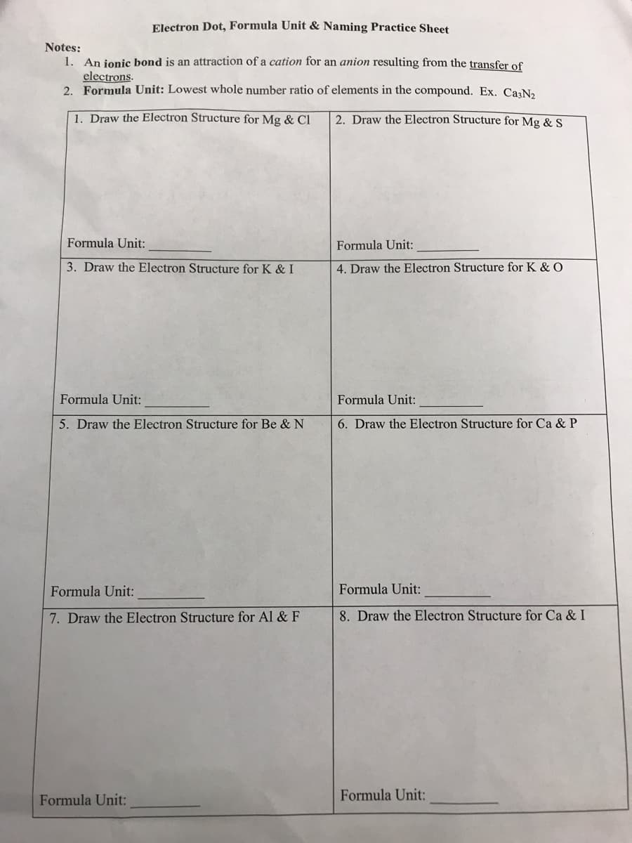 Electron Dot, Formula Unit & Naming Practice Sheet
Notes:
1. An jonic bond is an attraction of a cation for an anion resulting from the transfer of
electrons.
2. Formula Unit: Lowest whole number ratio of elements in the compound. Ex. CaN,
1. Draw the Electron Structure for Mg & CI
2. Draw the Electron Structure for Mg &S
Formula Unit:
Formula Unit:
3. Draw the Electron Structure for K & I
4. Draw the Electron Structure for K & 0
Formula Unit:
Formula Unit:
5. Draw the Electron Structure for Be & N
6. Draw the Electron Structure for Ca & P
Formula Unit:
Formula Unit:
7. Draw the Electron Structure for Al & F
8. Draw the Electron Structure for Ca & I
Formula Unit:
Formula Unit:
