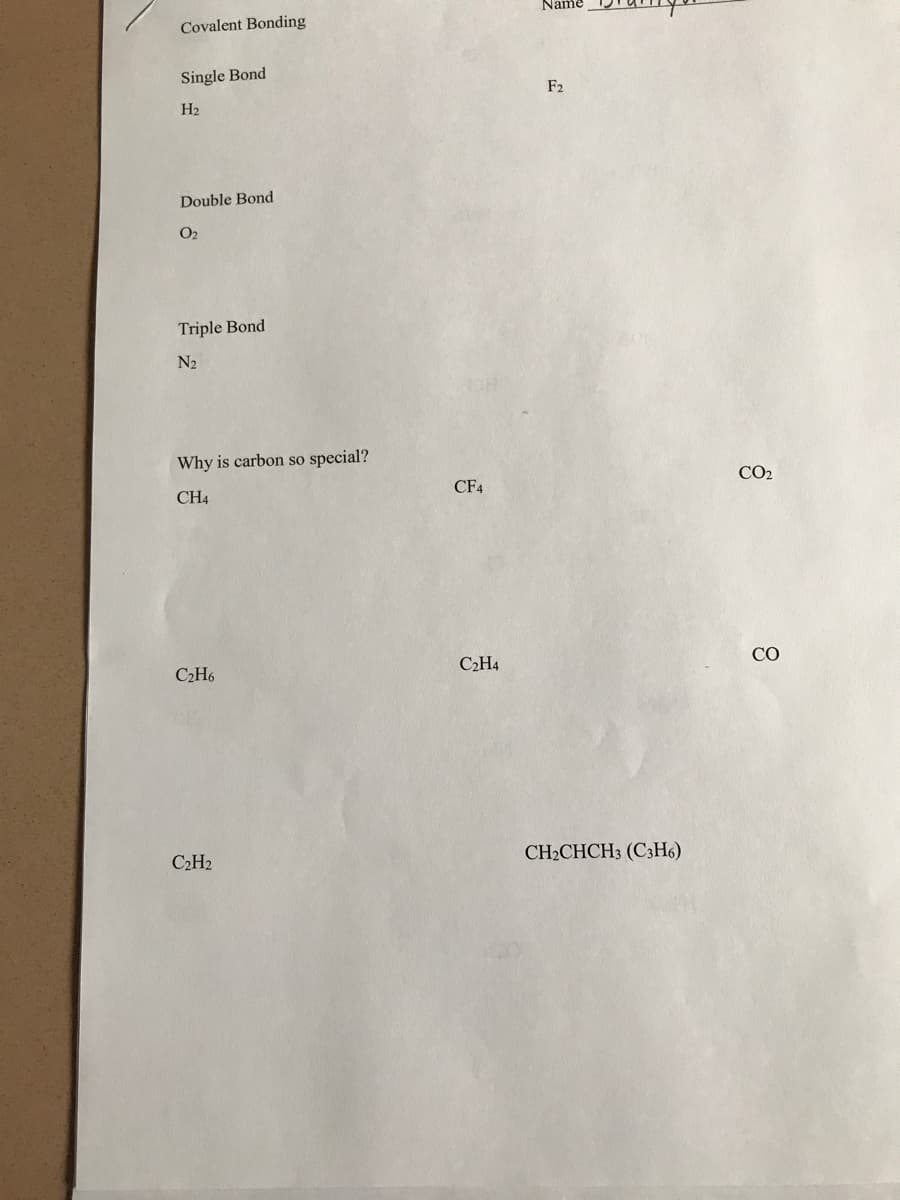 Name
Covalent Bonding
Single Bond
F2
H2
Double Bond
O2
Triple Bond
N2
Why is carbon so special?
CH4
CF4
CO2
C2H6
C2H4
CO
C2H2
CH2CHCH3 (C3H6)
