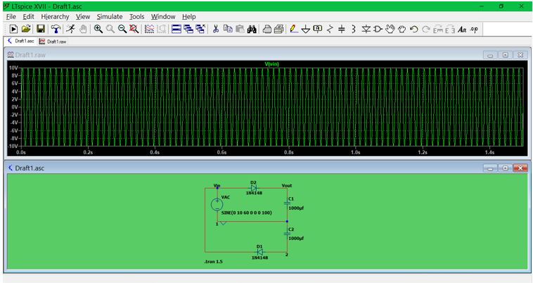 LTspice XVII - Draft1.asc
Eile Edit Hjerarchy View Simulate Tools Window Help
|QQQa一日|
|2→甲+3卒D9
E Aa op
( Drat1a E Drat 1ra
Draft 1.raw
10V-
Vvin)
8V-
6V-
2V-
OV
2V-
AV-
6V-
10V
0.0s
0.2s
0.4s
0.6s
0.8s
1.0s
1.2s
1.4s
( Draft1.asc
D2
Vin
Vout
IN4148
VAC
1000uf
SINE(O 10 60 00 0 100)
1000uf
IN4148
tran 1.5
