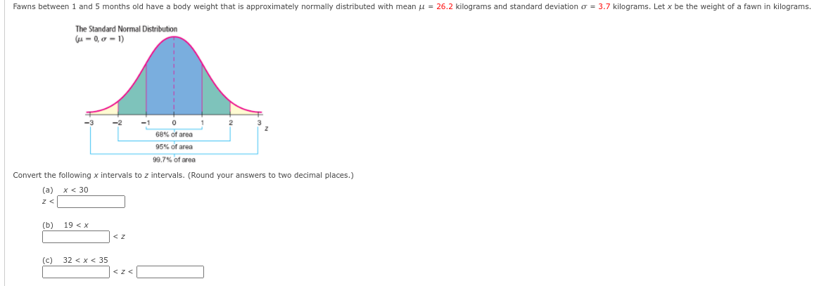 Fawns between 1 and 5 months old have a body weight that is approximately normally distributed with mean u = 26.2 kilograms and standard deviation o = 3.7 kilograms. Let x be the weight of a fawn in kilograms.
The Standard Normal Distribution
(u = 0, o = 1)
-3
-2
-1
68% of area
95% of area
99.7% of area
Convert the following x intervals to z intervals. (Round your answers to two decimal places.)
(a)
x < 30
(b)
19 < x
< z
(c)
32 < x < 35
<z<
