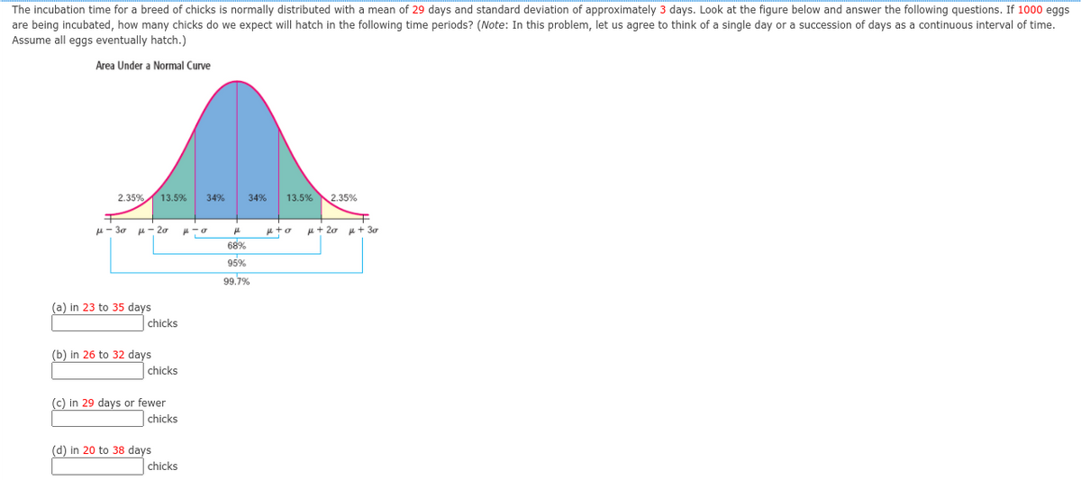 The incubation time for a breed of chicks is normally distributed with a mean of 29 days and standard deviation of approximately 3 days. Look at the figure below and answer the following questions. If 1000 eggs
are being incubated, how many chicks do we expect will hatch in the following time periods? (Note: In this problem, let us agree to think of a single day or a succession of days as a continuous interval of time.
Assume all eggs eventually hatch.)
Area Under a Normal Curve
2.35% 13.59%
34%
34%
13.5% 2.35%
u- 30
u- 20
u+ 20
u+ 30
68%
95%
99.7%
(a) in 23 to 35 days
chicks
(b) in 26 to 32 days
chicks
(c) in 29 days or fewer
chicks
(d) in 20 to 38 days
chicks
