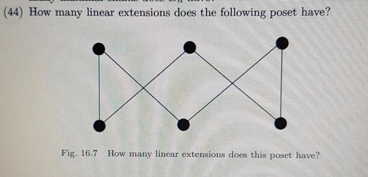 (44) How many linear extensions does the following poset have?
Fig. 16.7 How many linear extensions does this poset have?
