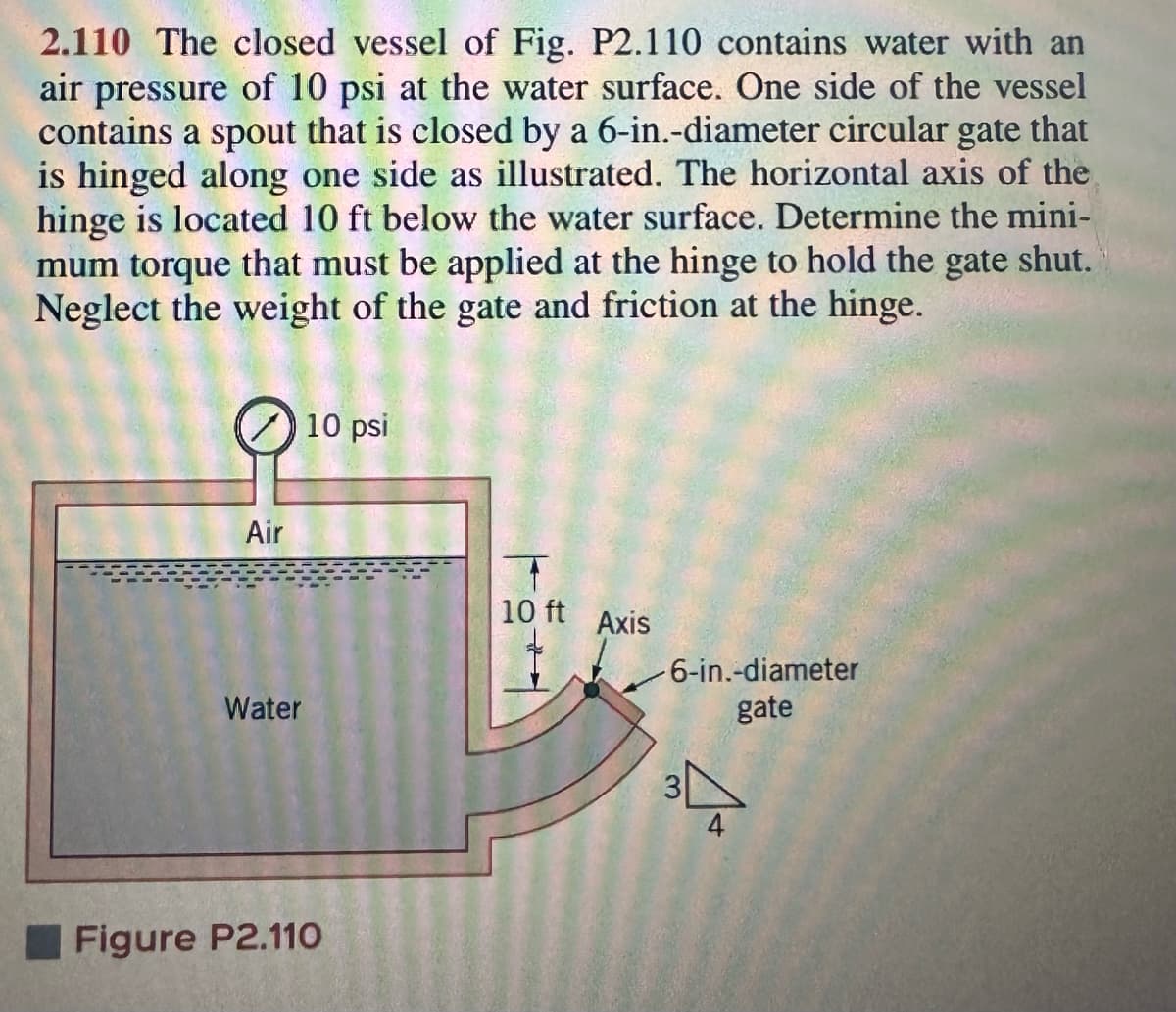 2.110 The closed vessel of Fig. P2.110 contains water with an
air pressure of 10 psi at the water surface. One side of the vessel
contains a spout that is closed by a 6-in.-diameter circular gate that
is hinged along one side as illustrated. The horizontal axis of the
hinge is located 10 ft below the water surface. Determine the mini-
mum torque that must be applied at the hinge to hold the gate shut.
Neglect the weight of the gate and friction at the hinge.
Air
Water
10 psi
Figure P2.110
10 ft Axis
-6-in.-diameter
gate
4+
3