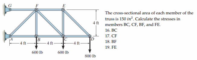 G
The cross-sectional area of each member of the
truss is 150 in?. Calculate the stresses in
members BC, CF, BF, and FE.
4 ft
16. BC
17. CF
- 4 ft-
4 ft-
-4 ft-
18. BF
19. FE
600 lb
600 Ib
800 lb
