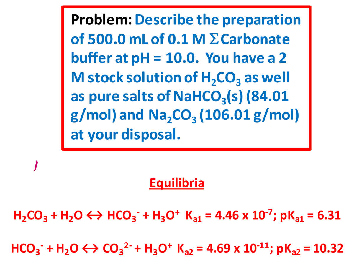 )
Problem: Describe the preparation
of 500.0 mL of 0.1 M Carbonate
buffer at pH = 10.0. You have a 2
M stock solution of H₂CO3 as well
as pure salts of NaHCO3(s) (84.01
g/mol) and Na₂CO3 (106.01 g/mol)
at your disposal.
Equilibria
H₂CO3 + H₂O → HCO3 + H3O+ Ka1 = 4.46 x 10-7; pka1 = 6.31
2-
HCO3 + H₂O → CO3²- + H3O+ K₁2 = 4.69 x 10-¹¹; pK₂2 = 10.32
a2
a2