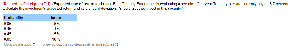 (Related to Checkpoint 7.1) (Expected rate of return and risk) B. J. Gautney Enterprises is evaluating a security. One-year Treasury bills are currently paying 3.7 percent.
Calculate the investment's expected return and its standard deviation. Should Gautney invest in this security?
Probability
0.05
0.45
0.45
0.05
Return
-6%
1%
5%
10%
(Click on the icon in order to copy its contents into a spreadsheet.)